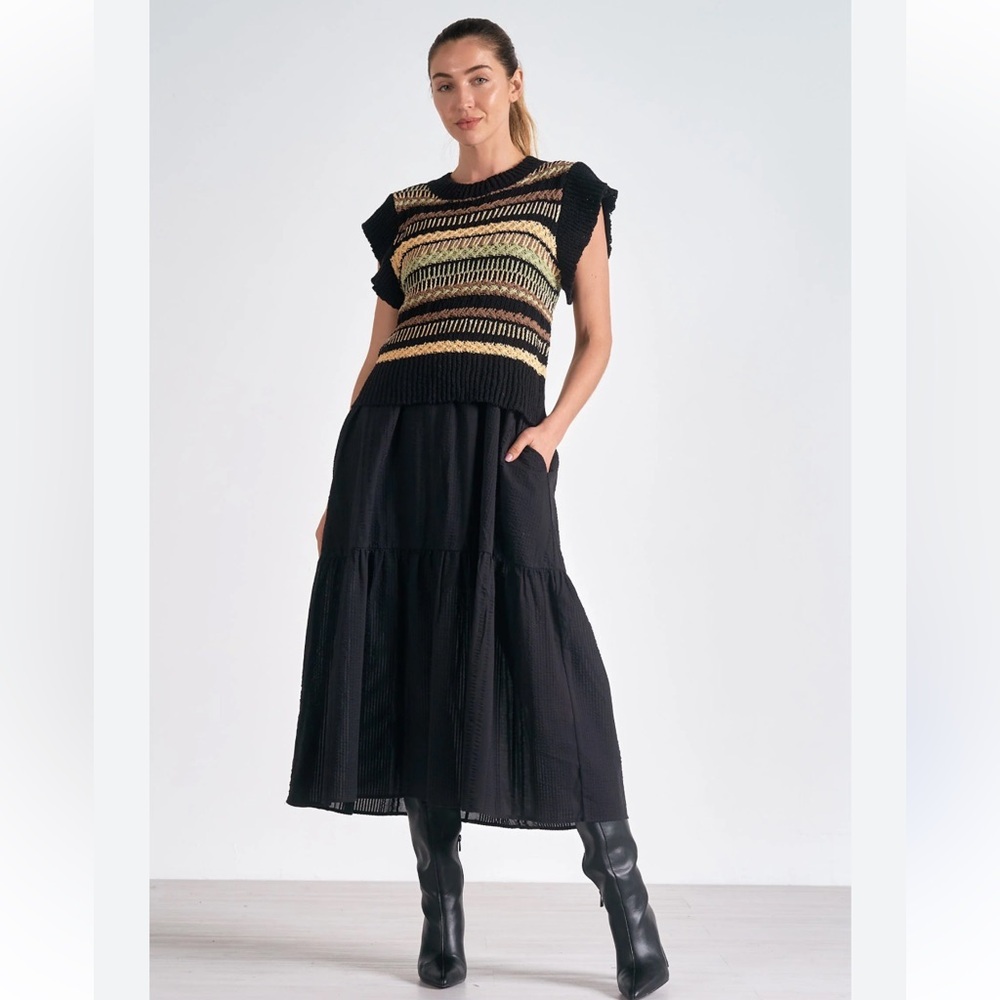 ELAN Sweater Bodice Crew Neckline Cap Sleeve Midi Dress Black Knit Top‎ Size S